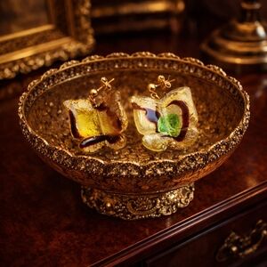 Authentic & Unique Italian Murano 24K Gold Foil Glass Butterfly Drop Earrings